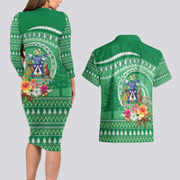 Norfolk Island Pine Tree Christmas Couples Matching Long Sleeve Bodycon Dress and Hawaiian Shirt Coat of Arm and Polynesian Pattern LT9 - Polynesian Pride