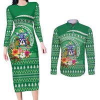 Norfolk Island Pine Tree Christmas Couples Matching Long Sleeve Bodycon Dress and Long Sleeve Button Shirt Coat of Arm and Polynesian Pattern LT9 Green - Polynesian Pride