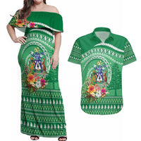 Norfolk Island Pine Tree Christmas Couples Matching Off Shoulder Maxi Dress and Hawaiian Shirt Coat of Arm and Polynesian Pattern LT9 Green - Polynesian Pride