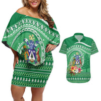 Norfolk Island Pine Tree Christmas Couples Matching Off Shoulder Short Dress and Hawaiian Shirt Coat of Arm and Polynesian Pattern LT9 Green - Polynesian Pride