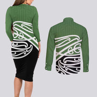 Green Fern New Zealand Kowhai Ngutukak Couples Matching Long Sleeve Bodycon Dress and Long Sleeve Button Shirt LT9 - Polynesian Pride