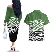 Green Fern New Zealand Kowhai Ngutukak Couples Matching Off The Shoulder Long Sleeve Dress and Hawaiian Shirt LT9 - Polynesian Pride