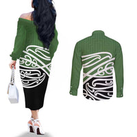 Green Fern New Zealand Kowhai Ngutukak Couples Matching Off The Shoulder Long Sleeve Dress and Long Sleeve Button Shirt LT9 - Polynesian Pride