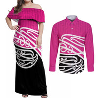 All Pink New Zealand Kowhai Ngutukak Couples Matching Off Shoulder Maxi Dress and Long Sleeve Button Shirt LT9 Pink - Polynesian Pride