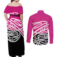 All Pink New Zealand Kowhai Ngutukak Couples Matching Off Shoulder Maxi Dress and Long Sleeve Button Shirt LT9 - Polynesian Pride