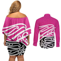 All Pink New Zealand Kowhai Ngutukak Couples Matching Off Shoulder Short Dress and Long Sleeve Button Shirt LT9 - Polynesian Pride