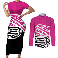 All Pink New Zealand Kowhai Ngutukak Couples Matching Short Sleeve Bodycon Dress and Long Sleeve Button Shirt LT9 Pink - Polynesian Pride
