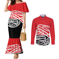 All Red New Zealand Kowhai Ngutukak Couples Matching Mermaid Dress and Long Sleeve Button Shirt LT9 Red - Polynesian Pride
