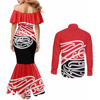 All Red New Zealand Kowhai Ngutukak Couples Matching Mermaid Dress and Long Sleeve Button Shirt LT9 - Polynesian Pride