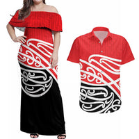 All Red New Zealand Kowhai Ngutukak Couples Matching Off Shoulder Maxi Dress and Hawaiian Shirt LT9 Red - Polynesian Pride