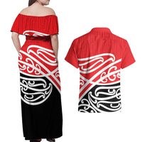 All Red New Zealand Kowhai Ngutukak Couples Matching Off Shoulder Maxi Dress and Hawaiian Shirt LT9 - Polynesian Pride