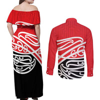 All Red New Zealand Kowhai Ngutukak Couples Matching Off Shoulder Maxi Dress and Long Sleeve Button Shirt LT9 - Polynesian Pride