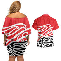 All Red New Zealand Kowhai Ngutukak Couples Matching Off Shoulder Short Dress and Hawaiian Shirt LT9 - Polynesian Pride
