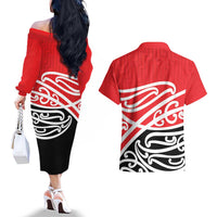 All Red New Zealand Kowhai Ngutukak Couples Matching Off The Shoulder Long Sleeve Dress and Hawaiian Shirt LT9 - Polynesian Pride