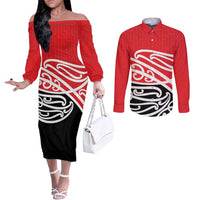 All Red New Zealand Kowhai Ngutukak Couples Matching Off The Shoulder Long Sleeve Dress and Long Sleeve Button Shirt LT9 Red - Polynesian Pride