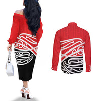All Red New Zealand Kowhai Ngutukak Couples Matching Off The Shoulder Long Sleeve Dress and Long Sleeve Button Shirt LT9 - Polynesian Pride