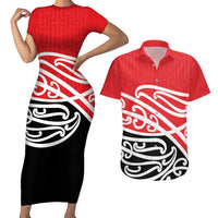 All Red New Zealand Kowhai Ngutukak Couples Matching Short Sleeve Bodycon Dress and Hawaiian Shirt LT9 Red - Polynesian Pride
