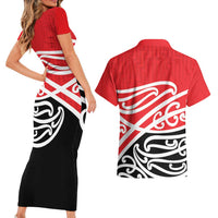 All Red New Zealand Kowhai Ngutukak Couples Matching Short Sleeve Bodycon Dress and Hawaiian Shirt LT9 - Polynesian Pride