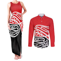All Red New Zealand Kowhai Ngutukak Couples Matching Tank Maxi Dress and Long Sleeve Button Shirt LT9 Red - Polynesian Pride