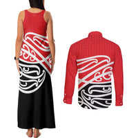 All Red New Zealand Kowhai Ngutukak Couples Matching Tank Maxi Dress and Long Sleeve Button Shirt LT9 - Polynesian Pride