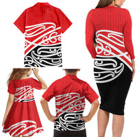 All Red New Zealand Kowhai Ngutukak Family Matching Long Sleeve Bodycon Dress and Hawaiian Shirt LT9 - Polynesian Pride