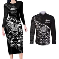 New Zealand Lawn Bowls Custom Couples Matching Long Sleeve Bodycon Dress and Long Sleeve Button Shirt Black Maori Warrior Tribal Silver Fern LT9 Black - Polynesian Pride