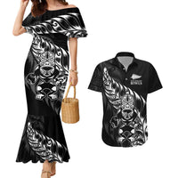 New Zealand Lawn Bowls Custom Couples Matching Mermaid Dress and Hawaiian Shirt Black Maori Warrior Tribal Silver Fern LT9 Black - Polynesian Pride