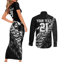 New Zealand Lawn Bowls Custom Couples Matching Short Sleeve Bodycon Dress and Long Sleeve Button Shirt Black Maori Warrior Tribal Silver Fern LT9 - Polynesian Pride