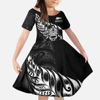 New Zealand Lawn Bowls Custom Kid Short Sleeve Dress Black Maori Warrior Tribal Silver Fern LT9 KID Black - Polynesian Pride
