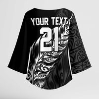 New Zealand Lawn Bowls Custom Kimono Sleeve Blouse Black Maori Warrior Tribal Silver Fern LT9 - Polynesian Pride
