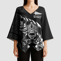 New Zealand Lawn Bowls Custom Kimono Sleeve Blouse Black Maori Warrior Tribal Silver Fern LT9 - Polynesian Pride