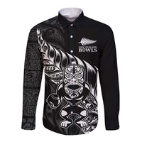 New Zealand Lawn Bowls Custom Long Sleeve Button Shirt Black Maori Warrior Tribal Silver Fern LT9 Unisex Black - Polynesian Pride