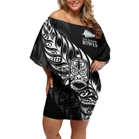New Zealand Lawn Bowls Custom Off Shoulder Short Dress Black Maori Warrior Tribal Silver Fern LT9 Women Black - Polynesian Pride