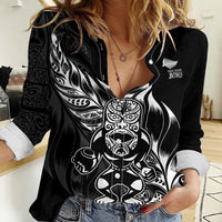 New Zealand Lawn Bowls Custom Women Casual Shirt Black Maori Warrior Tribal Silver Fern - Polynesian Pride