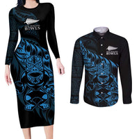 New Zealand Lawn Bowls Custom Couples Matching Long Sleeve Bodycon Dress and Long Sleeve Button Shirt Blue Maori Warrior Tribal Silver Fern LT9 Blue - Polynesian Pride