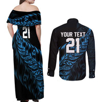 New Zealand Lawn Bowls Custom Couples Matching Off Shoulder Maxi Dress and Long Sleeve Button Shirt Blue Maori Warrior Tribal Silver Fern LT9 - Polynesian Pride