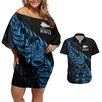New Zealand Lawn Bowls Custom Couples Matching Off Shoulder Short Dress and Hawaiian Shirt Blue Maori Warrior Tribal Silver Fern LT9 Blue - Polynesian Pride