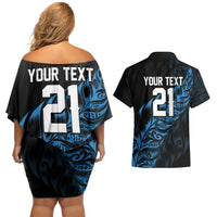 New Zealand Lawn Bowls Custom Couples Matching Off Shoulder Short Dress and Hawaiian Shirt Blue Maori Warrior Tribal Silver Fern LT9 - Polynesian Pride