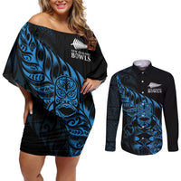 New Zealand Lawn Bowls Custom Couples Matching Off Shoulder Short Dress and Long Sleeve Button Shirt Blue Maori Warrior Tribal Silver Fern LT9 Blue - Polynesian Pride