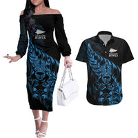 New Zealand Lawn Bowls Custom Couples Matching Off The Shoulder Long Sleeve Dress and Hawaiian Shirt Blue Maori Warrior Tribal Silver Fern LT9 Blue - Polynesian Pride