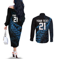 New Zealand Lawn Bowls Custom Couples Matching Off The Shoulder Long Sleeve Dress and Long Sleeve Button Shirt Blue Maori Warrior Tribal Silver Fern LT9 - Polynesian Pride