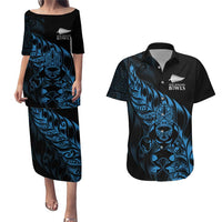 New Zealand Lawn Bowls Custom Couples Matching Puletasi and Hawaiian Shirt Blue Maori Warrior Tribal Silver Fern LT9 Blue - Polynesian Pride