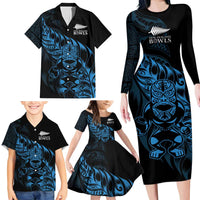 New Zealand Lawn Bowls Custom Family Matching Long Sleeve Bodycon Dress and Hawaiian Shirt Blue Maori Warrior Tribal Silver Fern LT9 - Polynesian Pride