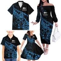 New Zealand Lawn Bowls Custom Family Matching Off The Shoulder Long Sleeve Dress and Hawaiian Shirt Blue Maori Warrior Tribal Silver Fern LT9 - Polynesian Pride