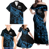 New Zealand Lawn Bowls Custom Family Matching Off Shoulder Maxi Dress and Hawaiian Shirt Blue Maori Warrior Tribal Silver Fern LT9 - Polynesian Pride
