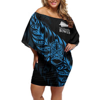 New Zealand Lawn Bowls Custom Family Matching Off Shoulder Short Dress and Hawaiian Shirt Blue Maori Warrior Tribal Silver Fern LT9 Mom's Dress Blue - Polynesian Pride