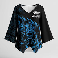 New Zealand Lawn Bowls Custom Kimono Sleeve Blouse Blue Maori Warrior Tribal Silver Fern LT9 Female Blue - Polynesian Pride