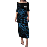 New Zealand Lawn Bowls Custom Puletasi Blue Maori Warrior Tribal Silver Fern LT9 Long Dress Blue - Polynesian Pride