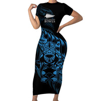 New Zealand Lawn Bowls Custom Short Sleeve Bodycon Dress Blue Maori Warrior Tribal Silver Fern LT9 Long Dress Blue - Polynesian Pride