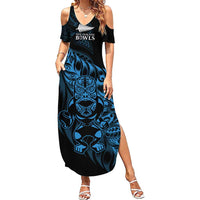 New Zealand Lawn Bowls Custom Summer Maxi Dress Blue Maori Warrior Tribal Silver Fern LT9 Women Blue - Polynesian Pride